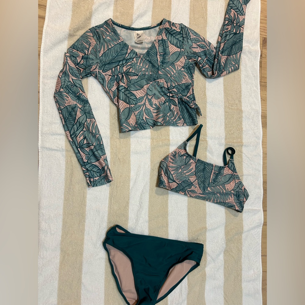 art class Kids Swim Bikini Set - Teal and Pink Leaf Print